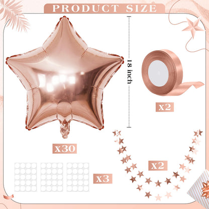Duraaamo 30 Set Star Foil Balloons Bulk 22 Inch Metallic Star Balloons and Stars Banner and Satin Ribbon for Ceiling Birthday Ornaments Party Decor(Rose Gold)