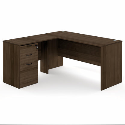 Furinno Roger 60 Inch L-Shaped Executive Desk with File Cabinet, L-Shaped Office Desk with 3-Drawer Fixed Pedestal Filing Cabinet, Desk Cord Grommet, for Home Office, Modern Walnut