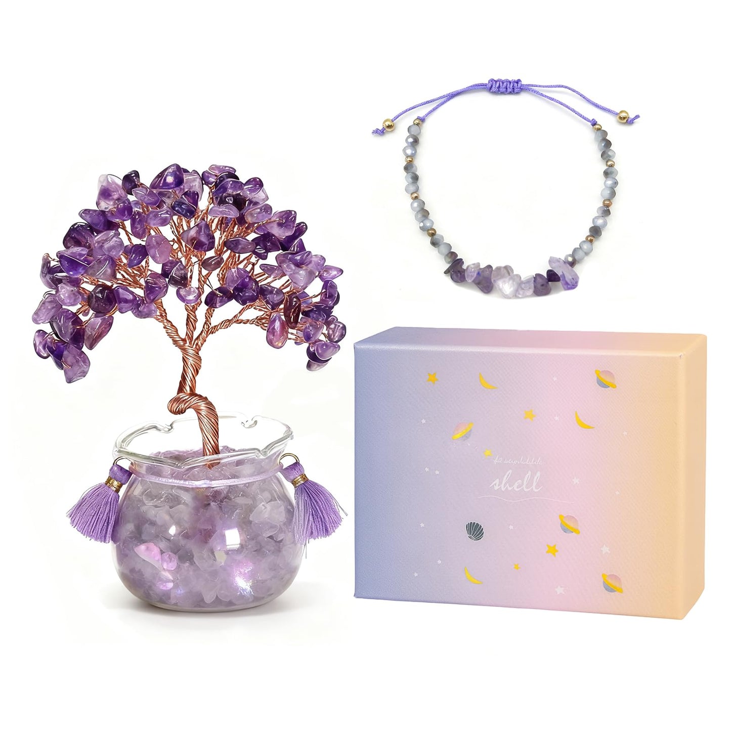 Amethyst Crystal Tree of Life, 4.33 in Purple Gemstone Tree with Bowl Base, Crystal Bonsai Tree for Desk, Feng Shui Tabletop Decor, Crystal Tree Gift, Amethyst Home Accent