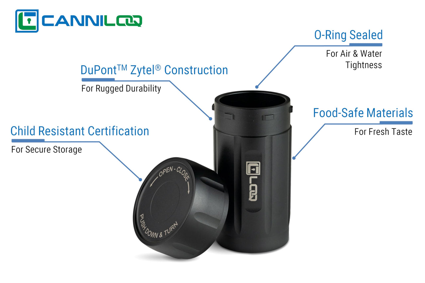 Canniloq TXD120 Airtight Storage Jar and Smell Proof Container Keeps Herbs Fresh for Months, 120ml, Black Body, Black Cap