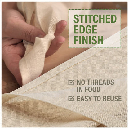 Organic Unbleached Cotton Cheesecloth for Straining - 2 Reusable Hemmed Squares, GOTS Certified, Fine Reusable Strainer – Large 23" x 23"