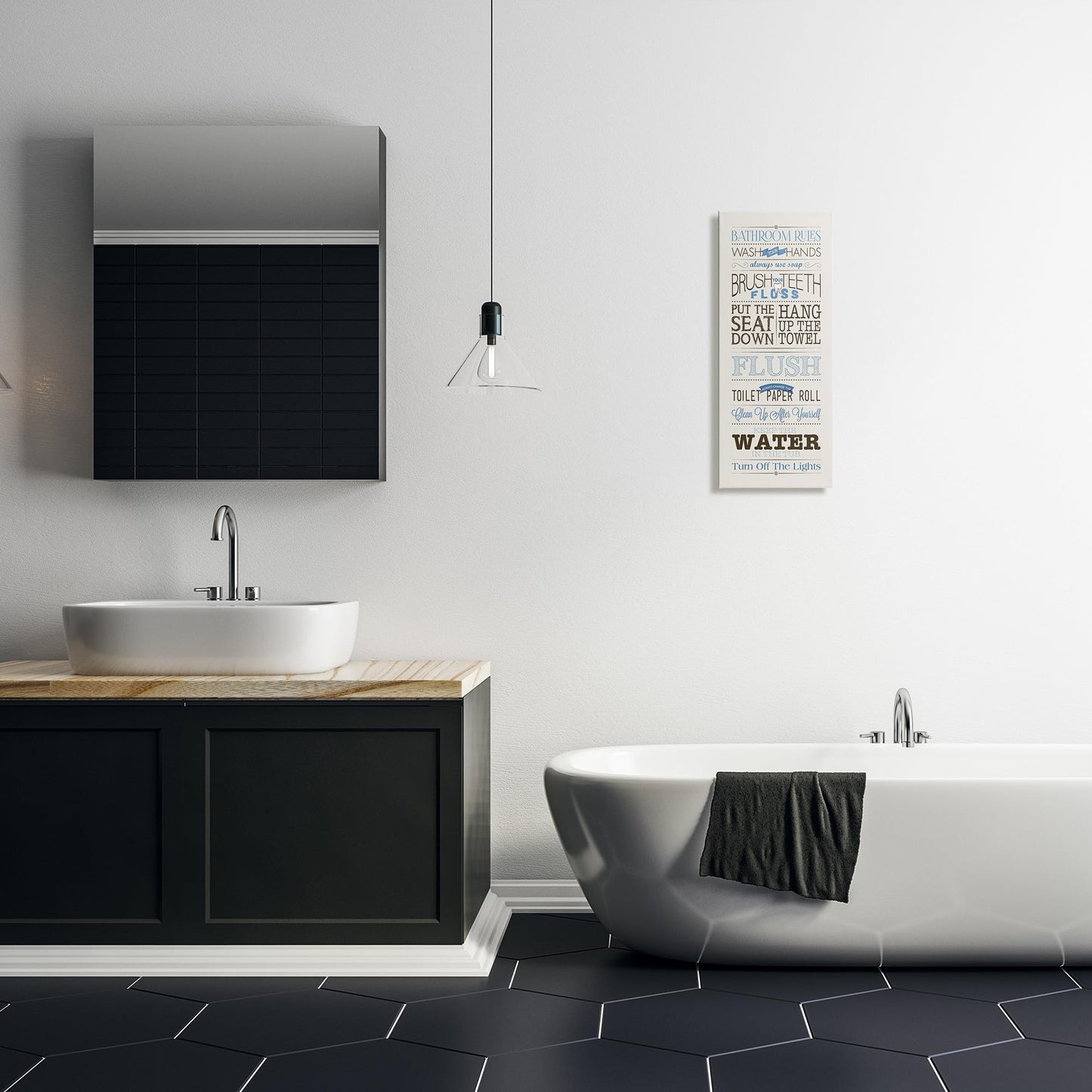 Stupell Industries Rules Blue and Black Print Bathroom, Design by Stephanie Workman Marrott Wall Art, 13x30, Beige