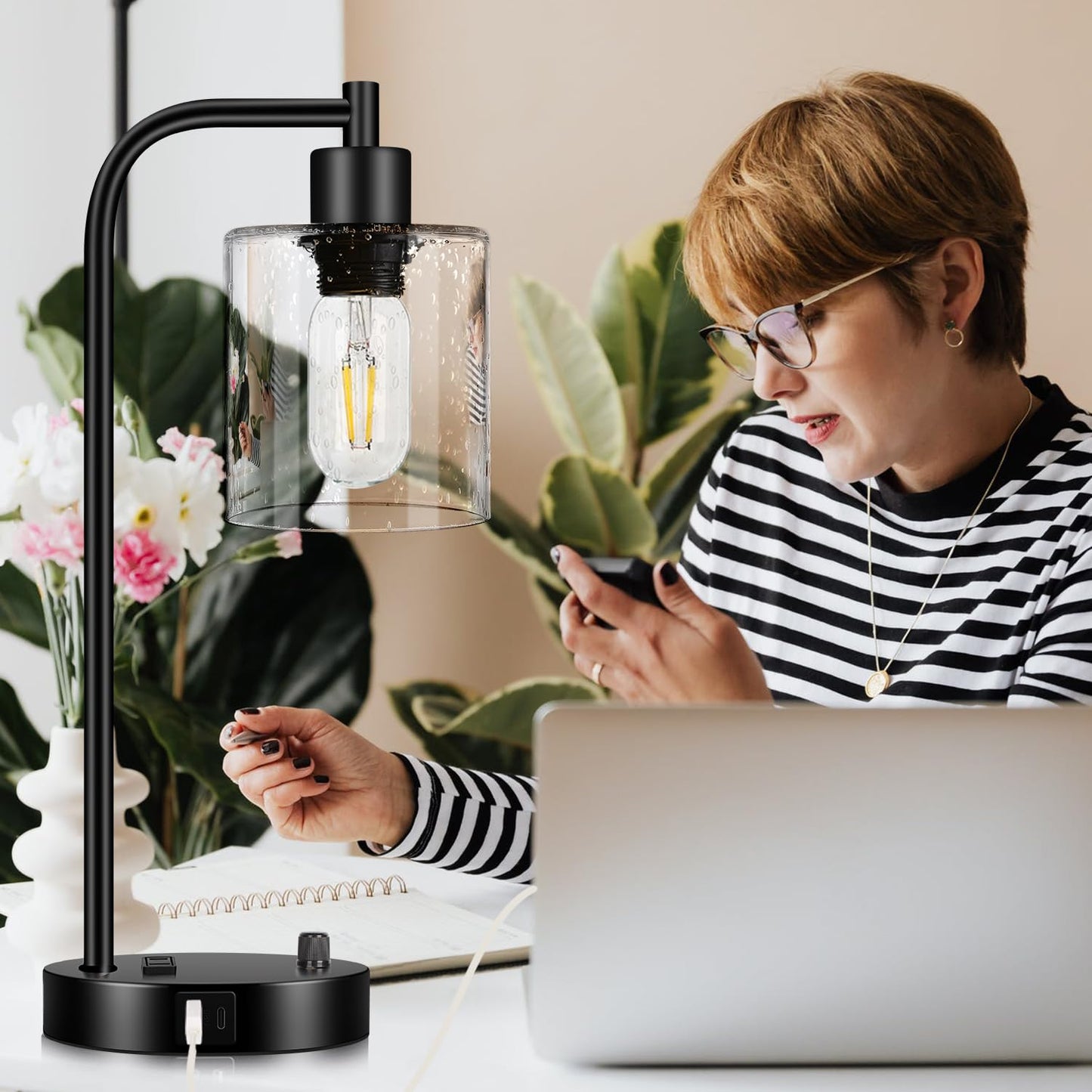 Set of 2 Industrial Table Lamps with USB C+A Ports and Outlet, Fully Stepless Dimmable Bedside Lamps for Bedrooms, Nightstand Lamp with Seed Glass Shade for Reading Living Room Office (Bulbs Included)