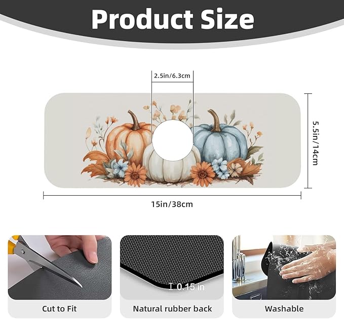 Kitchen Sink Splash Guard Faucet Mat Autumn Pumpkin Floral 15"x5.5", Diatom Mat