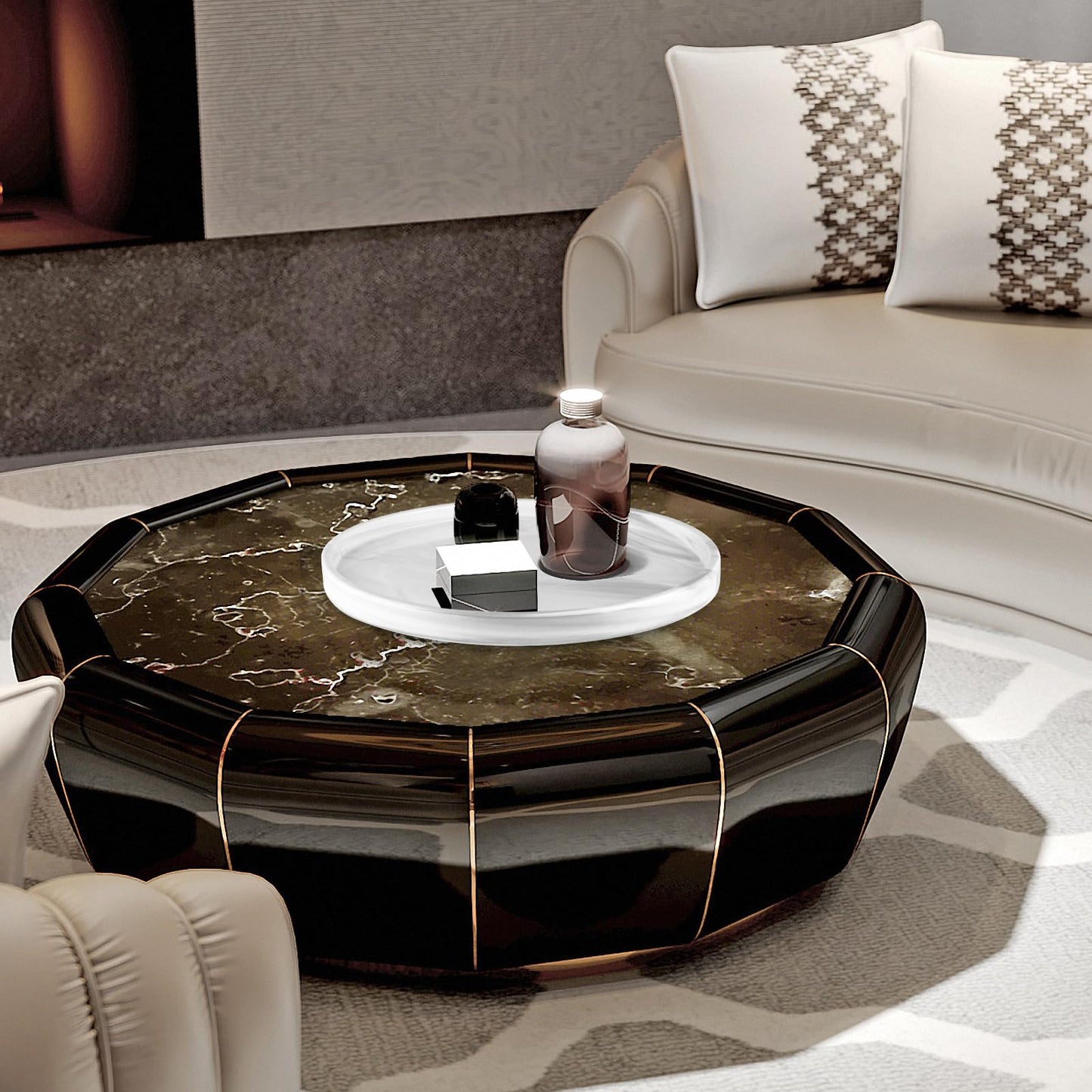 Sanbege 12" Large Ceramic Vanity Tray, Circle Perfume Plate Organizer, Jewelry Holder Dish, Non Slip Decorative Tray for Bathroom, Bedroom, Kitchen, Coffee Table (Marble Grey)