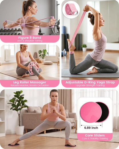 Pilates Kit 24PCS for Women, Pilates Equipment Ring Ball Set with Magic Circle,Resistance Bands Yoga Strap Wrist Ankle Weights Accessories for Beginner Home Fitness Gym Workout(Pink)