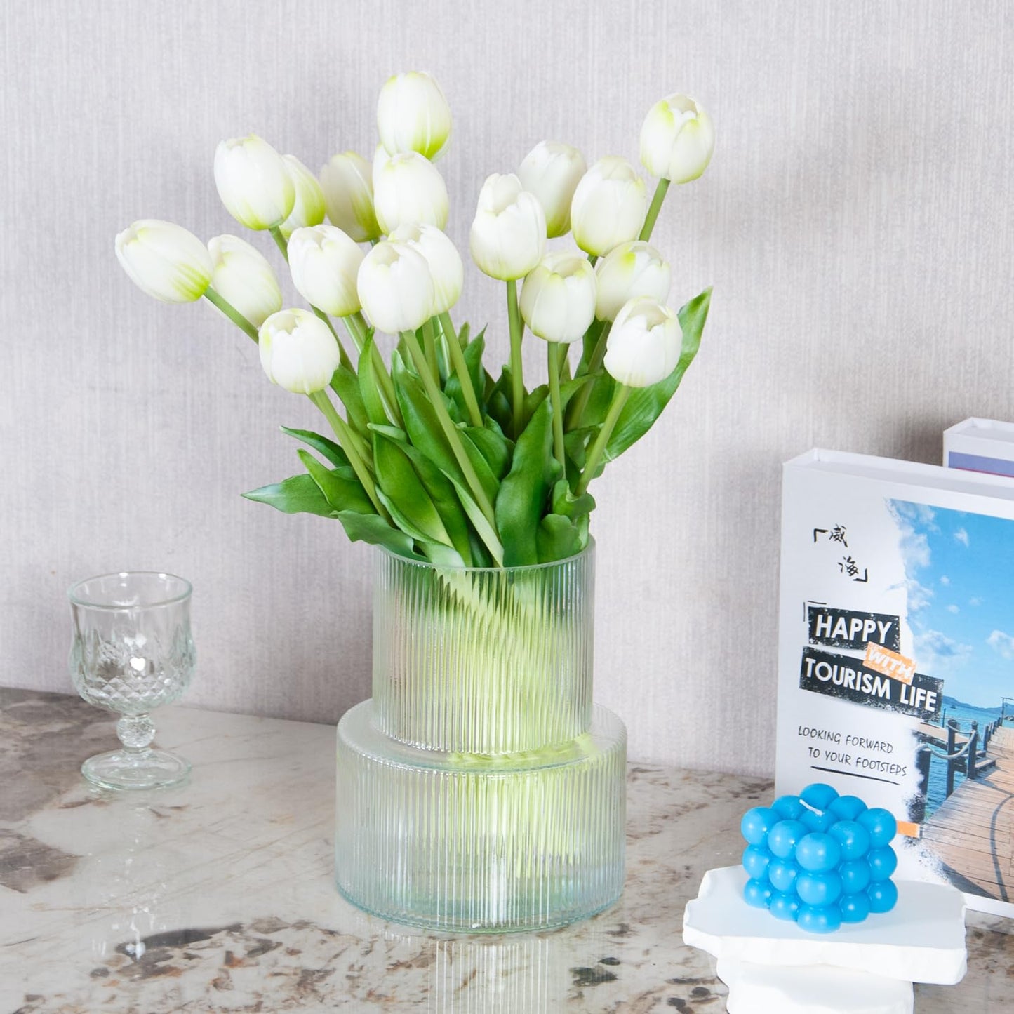 20 Pcs Real Touch Artificial Tulips with Vase, Large Faux Flower Arrangement in Heavy Fluted Glass, Bouquet for Dining Table Centerpiece, Home Office, Spring Decor, Set with Dust Bag (White)