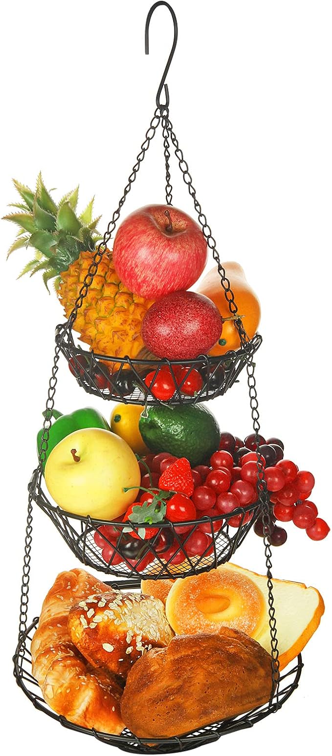 3 Tier Hanging Basket with Sturdy Metal Chain Hanging Hooks Fruit and Vegetable