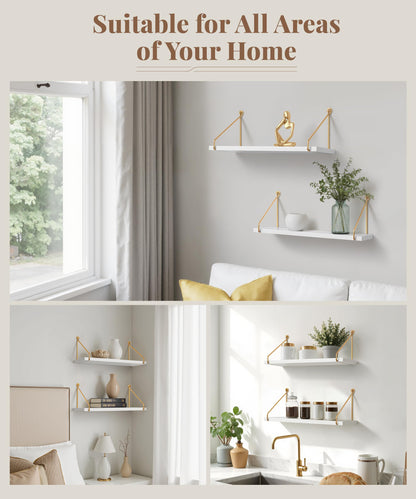 Afuly Floating Shelves for Wall, Metallic Gold White Wall Mounted Shelves, Shelves for Bathroom Kitchen Bedroom Solid Wood Metal Chic Bookshelf, Set of 2