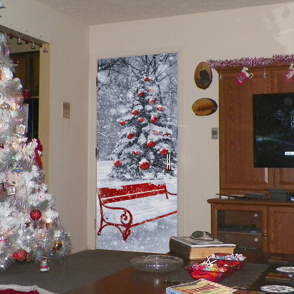 Modern Art Christmas Tree 3D Door Sticker, Peel and Stick Removable Vinyl Door Decals for Home Decor, 30.3x78.7(77x200cm), 2 Pcs Set