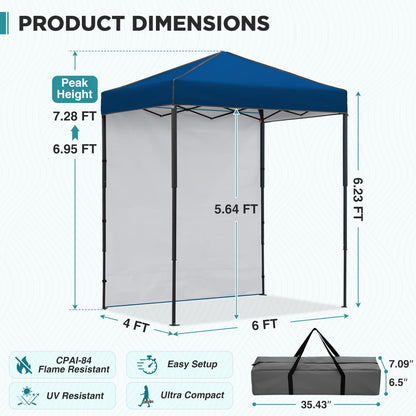 EAGLE PEAK 6x4 Instant Pop Up Canopy Tent with 1 Side Wall Panel, Straight Leg Sun Shelter, Portable Canopy with Carry Bag for Camping, Beach & Sports, Dark Blue