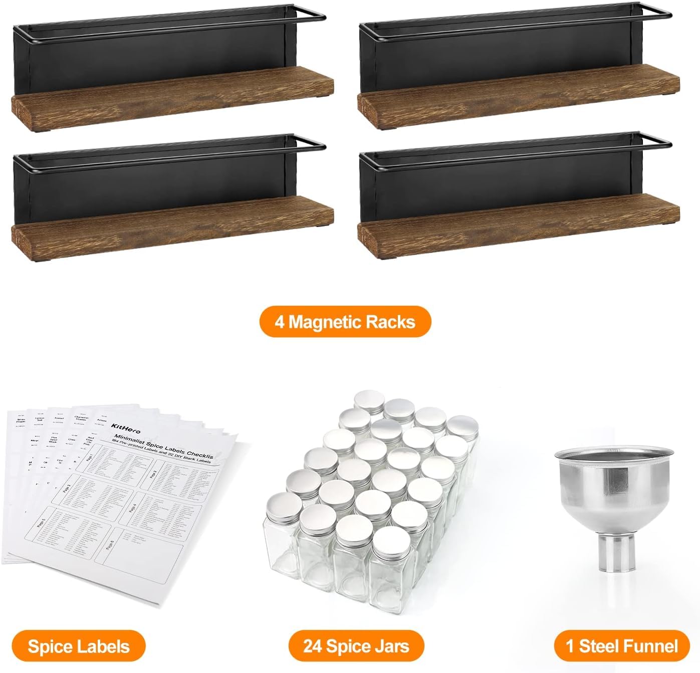 KitHero Magnetic Spice Rack with 24 Jars, 216 Labels, 1 Steel Funnel for Refrigerator，Microwave Oven - Full Set of Spice Organizer