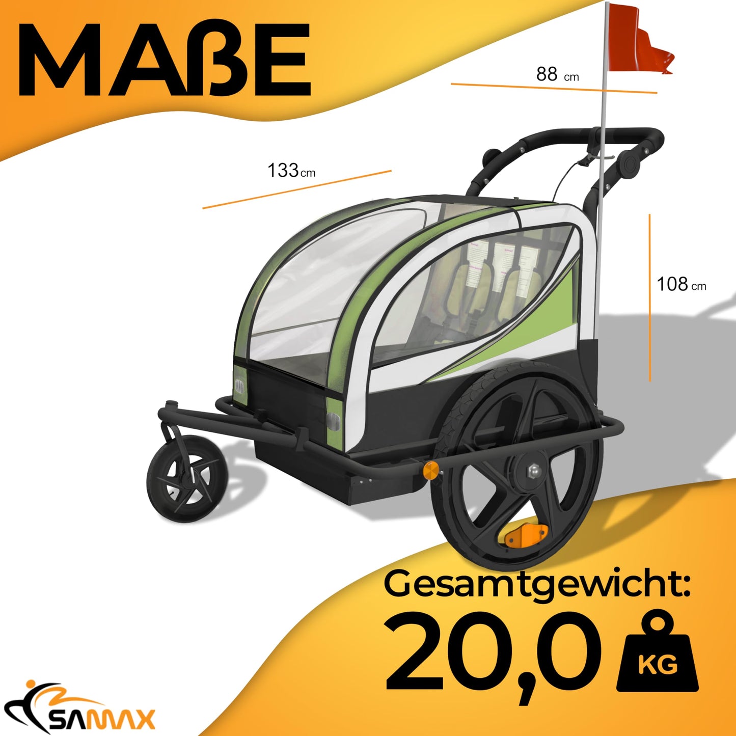 SAMAX Children Bike Trailer 2in1 Kids Jogger Stroller with Suspension 360° rotatable Childs Bicycle Trailer Transport Buggy Carrier for 2 Kids in Green - Black Frame