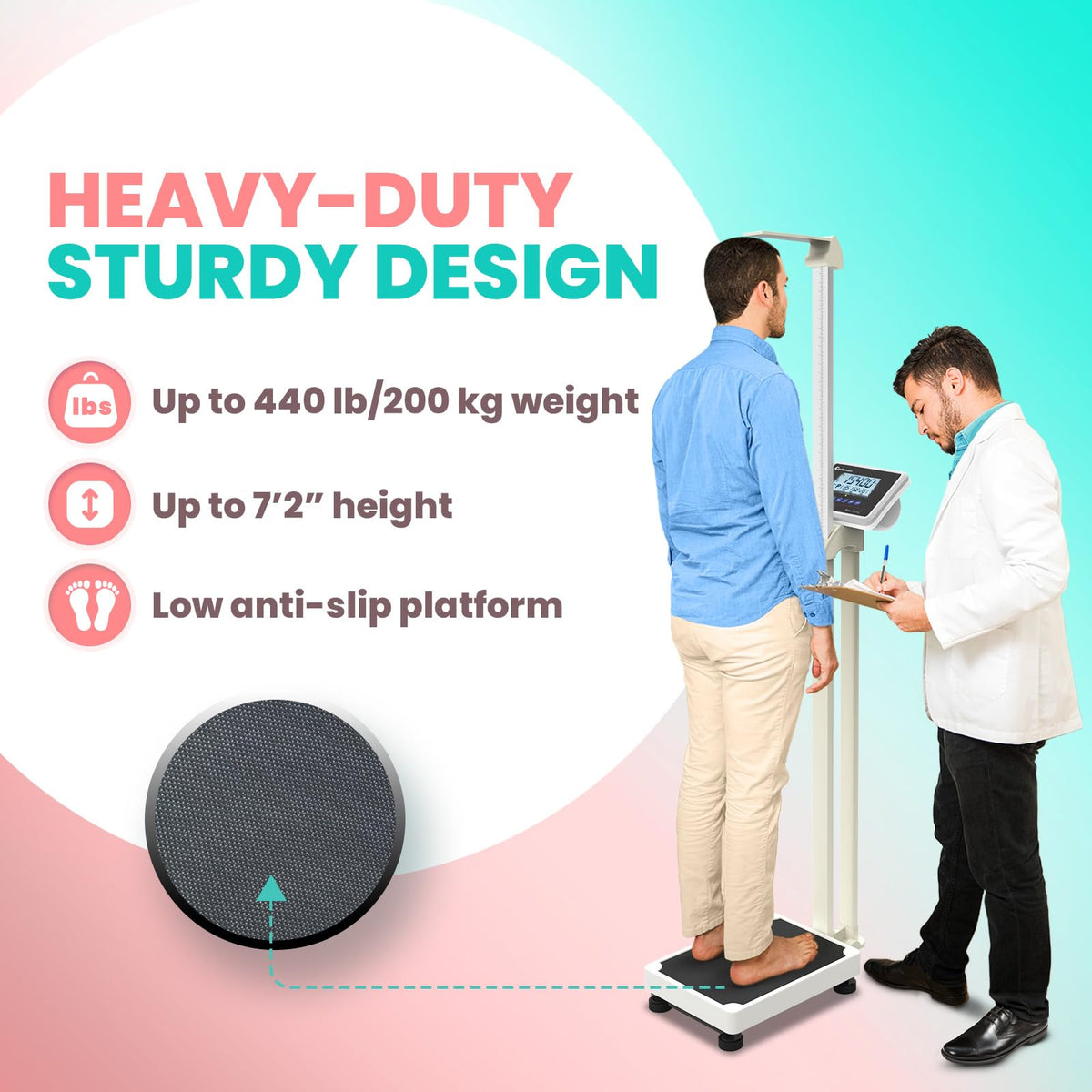 Adamson M1 Medical Scale, 440 lb/ 200 kg Capacity, BMI with Weight and Height, Professional Digital Scale for Body Weight, Home, Hospital, & Physicians, Heavy Duty - White