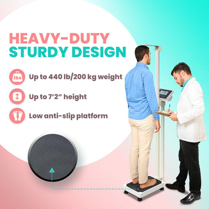 Adamson M1 Medical Scale, 440 lb/ 200 kg Capacity, BMI with Weight and Height, Professional Digital Scale for Body Weight, Home, Hospital, & Physicians, Heavy Duty - White