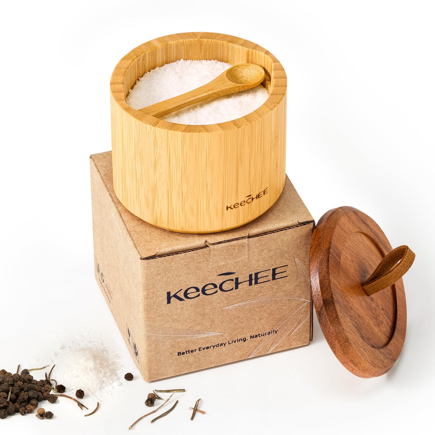 keechee Bamboo Salt Cellar with Acacia Lid & Spoon, 7.7oz Capacity with Built-In Spoon Slot & Labels, Two-Tone Countertop Seasoning Container (Single Compartment - 1 Pack)