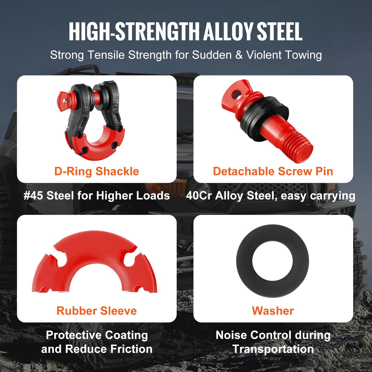 VEVOR 3/4" D Ring Shackle, Black Shackles for Truck with 7/8” Screw Pin 66139 lbs (30 Ton) Break Strength Red Isolator Washers Kit, Winch Towing Shackle for Truck Jeep Heavy Duty Off Road Recovery