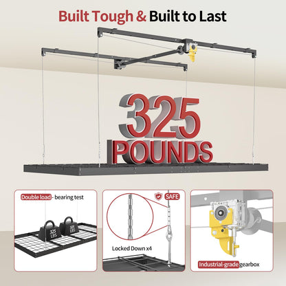 Garage Ceiling Storage Racks – 4x8 FT Overhead Garage Storage Rack with Safety Lock, Heavy-Duty Ceiling Mounted Lift System and Storage Organizer, Ideal for Maximizing Overhead Space, 325 lbs Capacity