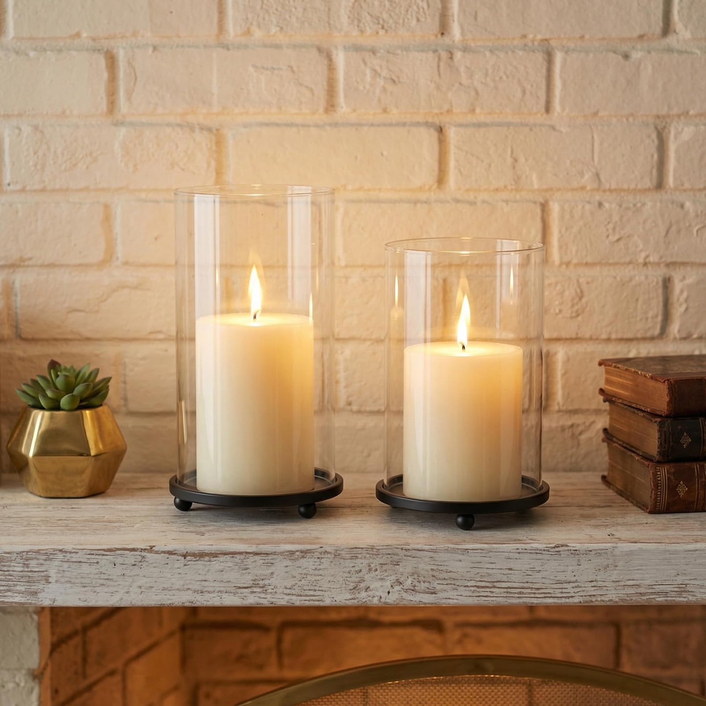 Hurricane Candle Holders Set of 2 - Pillar Candle Stands with Glass Sleeves for Fireplace Mantel & Dining Table Centerpiece Decor (Black)