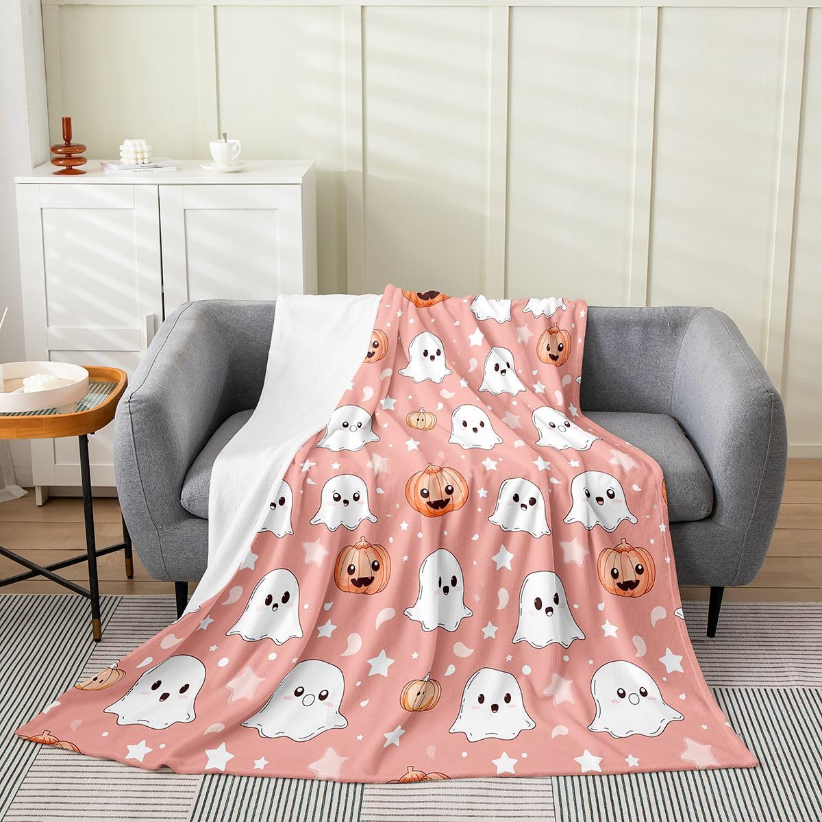 Feelyou Ghost Fleece Throw Blanket Halloween Themed Flannel Blanket Plush Fuzzy Trick or Treat for Bed Couch Chair Living Room Soft Pink 40"x50" Spooky Pumpkin Bedroom Decor