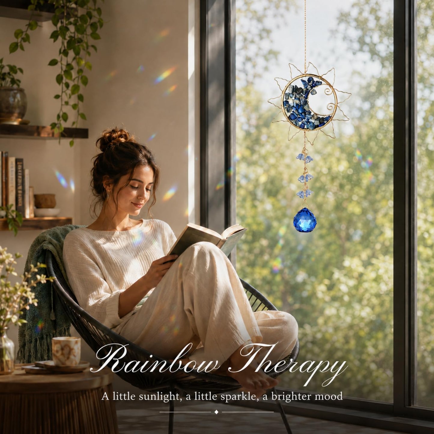 Hanging Sunlight Catcher, Sun & Moon Crystal Suncatcher, Crystal Hanging Ornament, Hanging Crystals for Decoration, Festival Gift, Window Decoration (Blue)