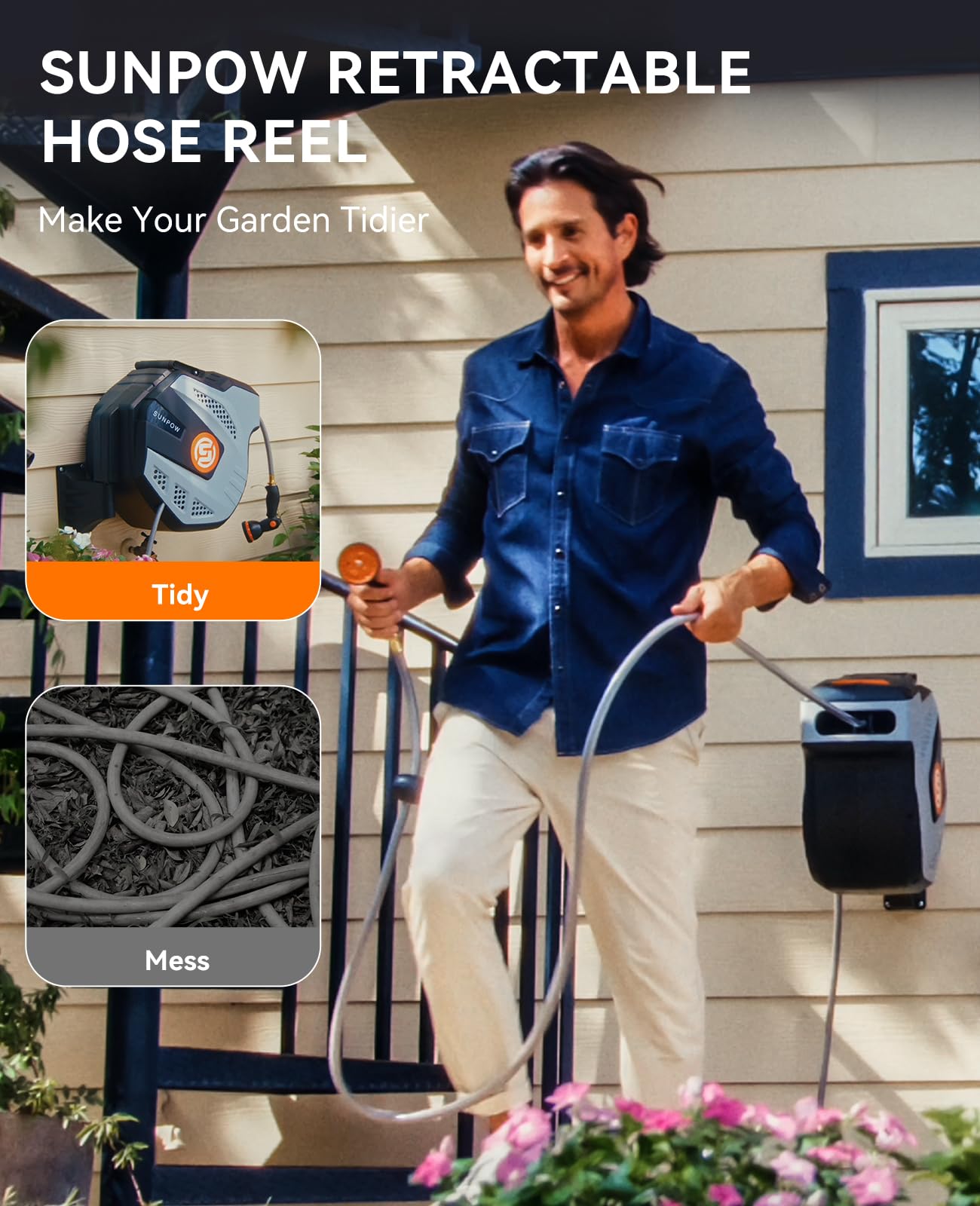 SUNPOW Retractable Garden Hose Reel - 1/2 inch x 50ft Wall Mounted Hose Reel with 3/4 inch Brass Fitting & 10 Function Sprayer Nozzle - Any Length Lock, Auto Rewind System, 180°Swivel Bracket - Grey