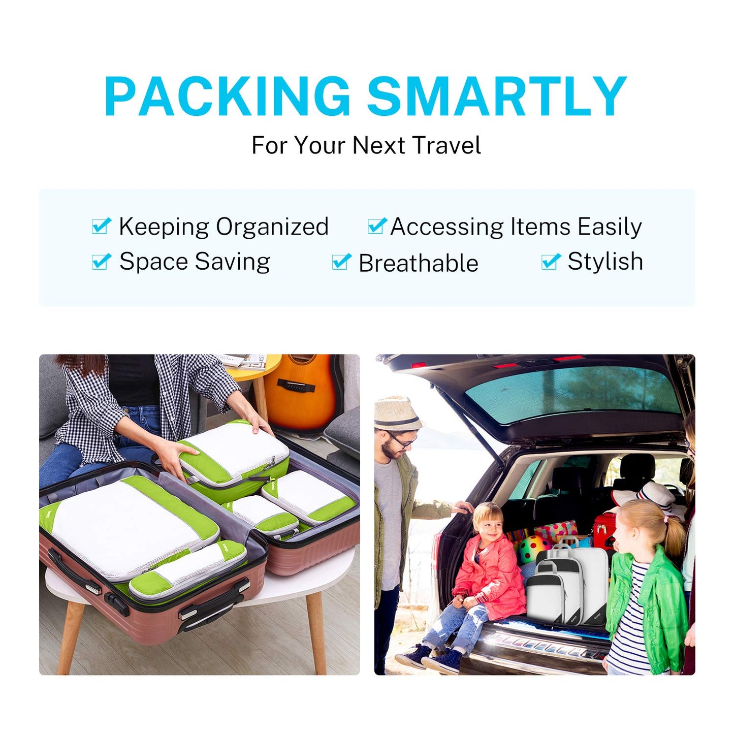 Gonex Travel Compression Packing Cubes Set, 6 Pcs, Green & Rolling Duffle Bag with Wheels, 25 inch, Olive