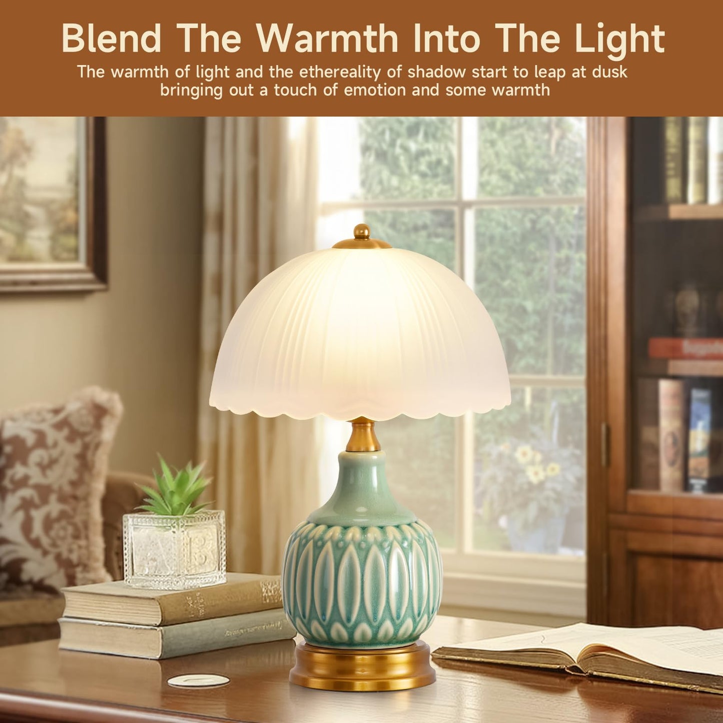 WELAISA Table Lamps Ceramic Retro Lamp for Living Room,15.7" Modern Bedside Nightstand Traditional Lamps, Classic Chinoiserie Green Glass Lamp for Home (Retro)