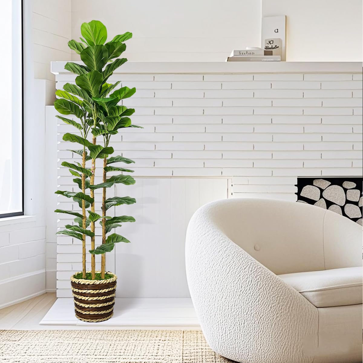Artificial Fiddle Leaf Fig Tree Indoor with Woven Basket - 5ft Tall Fake Tree with Real-Wood Trunk,Faux Plants for Living Rooms, Offices, Kitchens & Outdoor Spaces (Round Basket)
