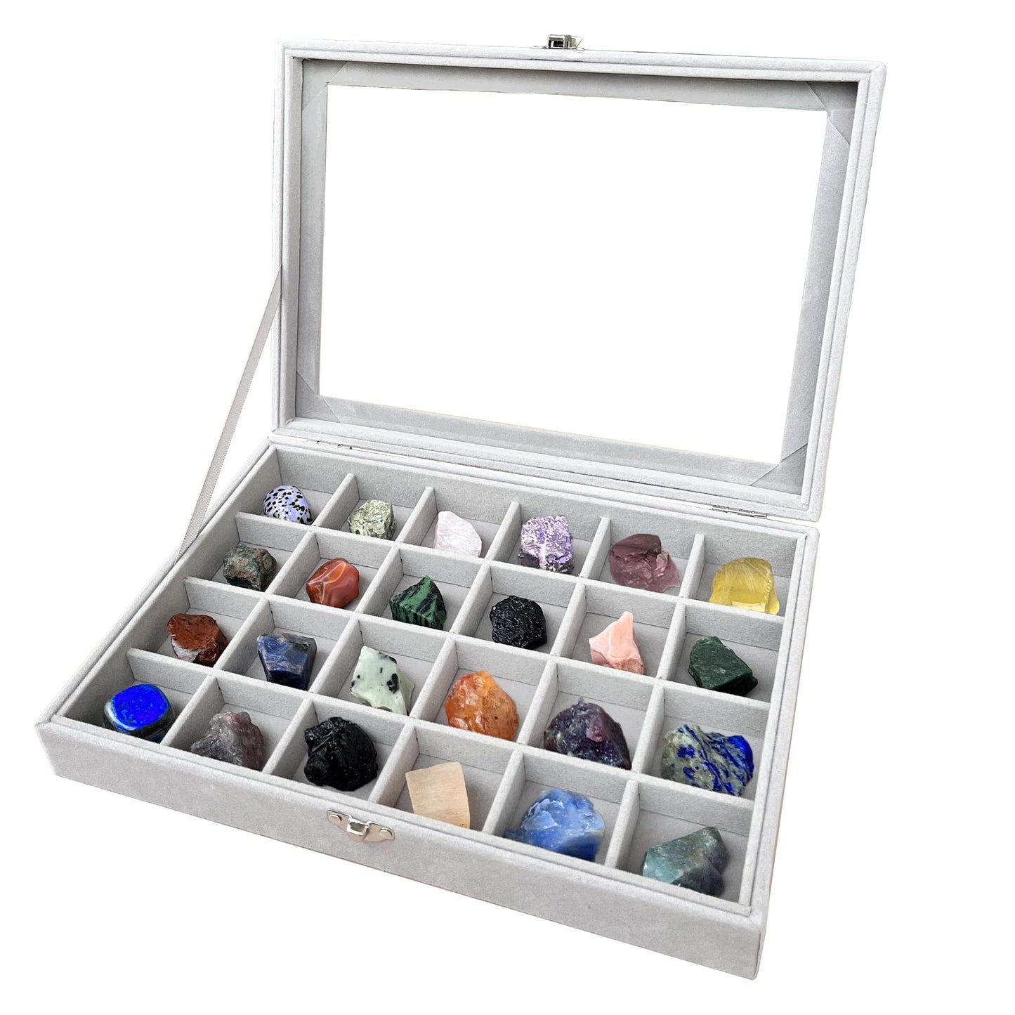 HEMYLU Rock Collection Display Case, Crystal Storage Box with 24 Grids and Gem Knowledge Handbook for Kids, Gem and Stone Collection Case for Display