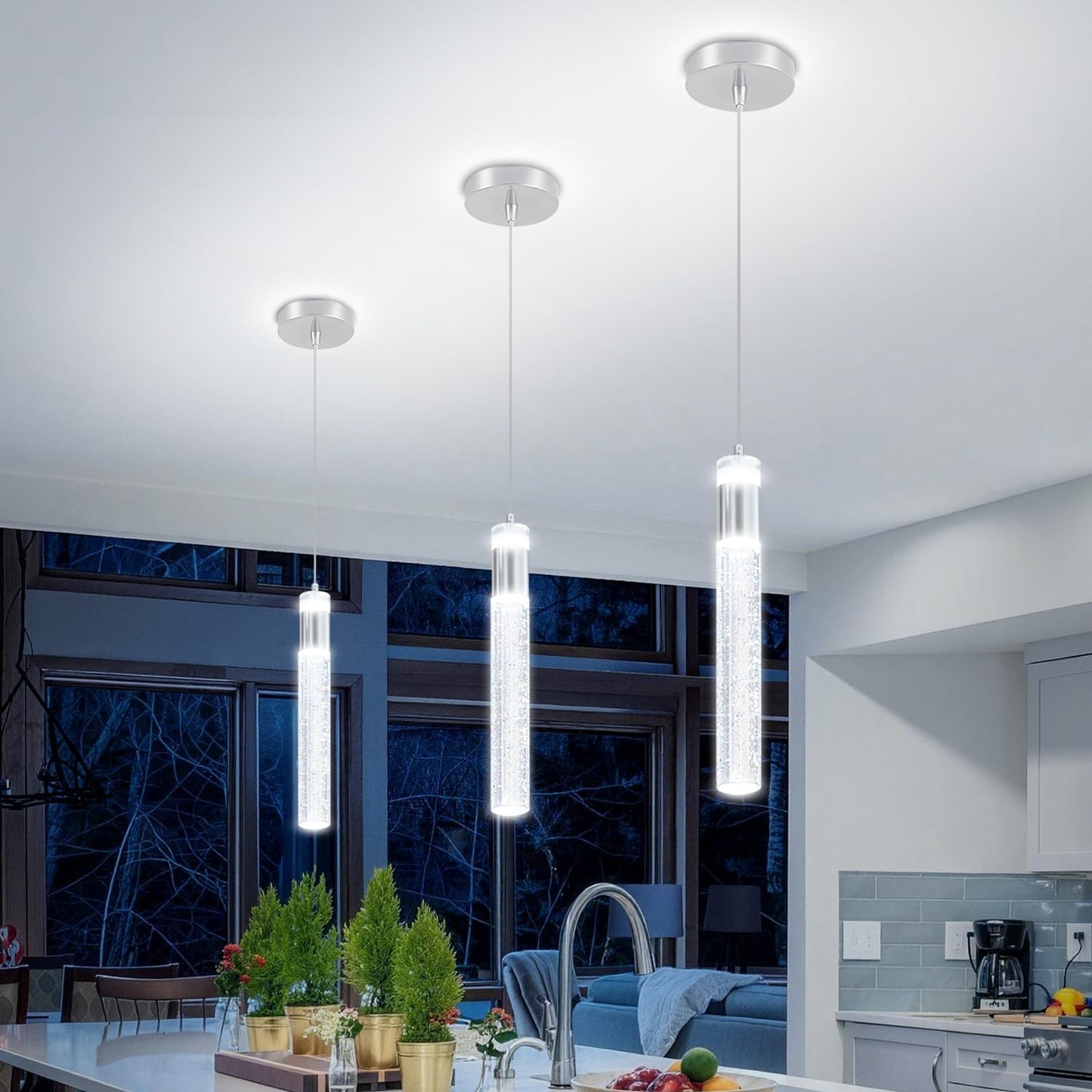IDEQUY Modern LED Chrome Crystal Pendant Light Kitchen Island, Bedroom Bedside Hanging Ceiling Lamp with Crystal Bubble Column, Dimmable 3000k-6000k 1-Light Independent