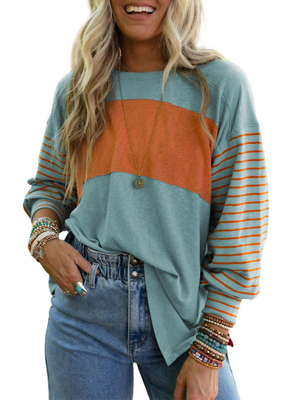 Dokotoo Long Sleeve Tops Oversized 2025 Trendy Round Crew Neck Casual Color Block Womens Shirts Blouses
