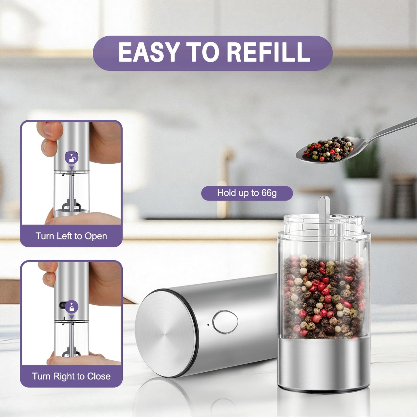 Electric Salt and Pepper Grinder Set, Automatic Pepper Mill Grinder w/Upgraded Charge Base and LED Light,Adjustable Coarseness,Rechargeable Black Peppercorn & Sea Salt Spice Mill Set