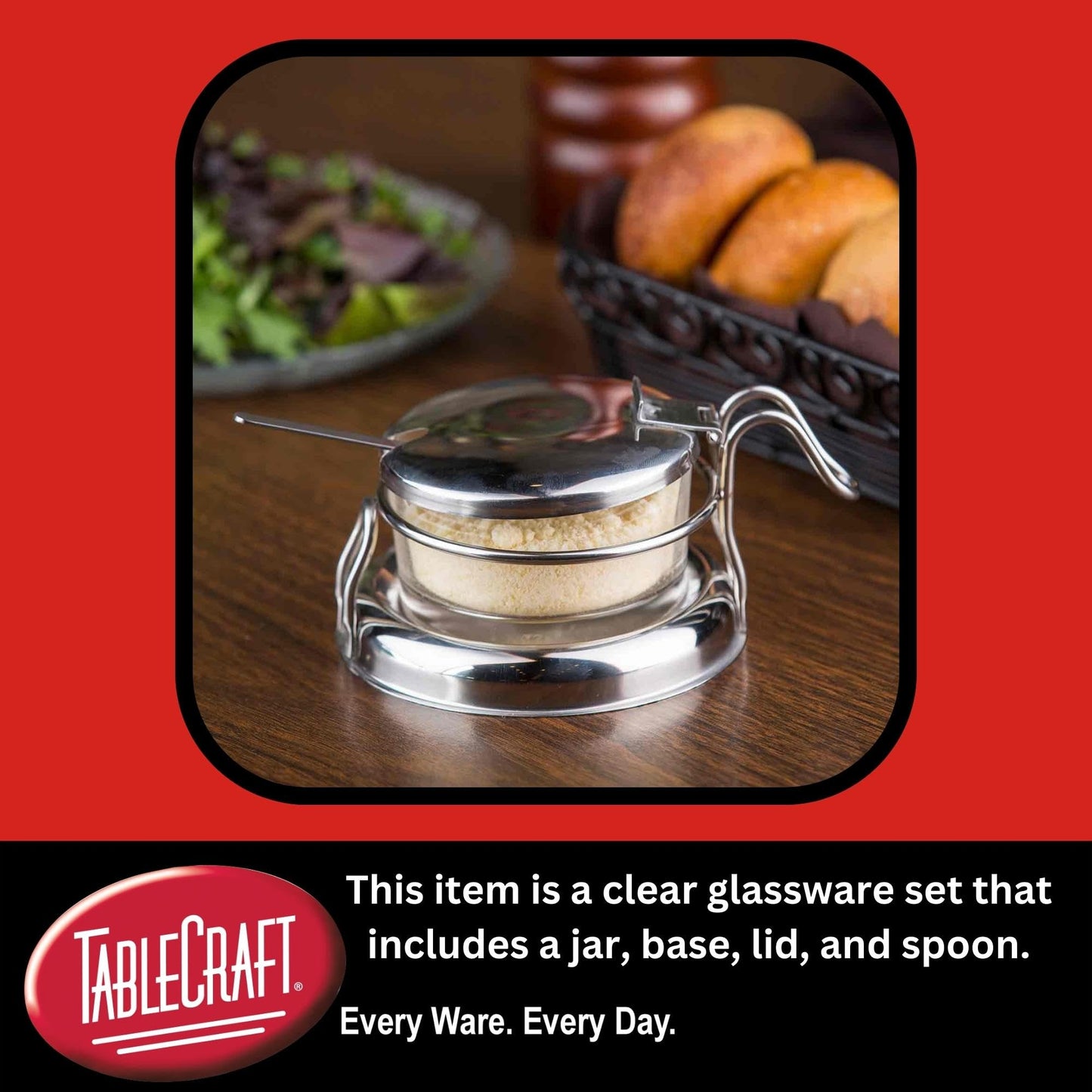 TableCraft 357 Condiment Jar Set with Spoon, 6 oz Clear Glass Jar with 18-8 Stainless Steel Lid, Spoon and Holder, Polished Tabletop Dispenser for Home or Restaurant Use