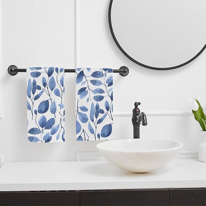Blue Eucalyptus Leaves Bathroom Hand Towel Set of 2, Watercolor Botanical Plant
