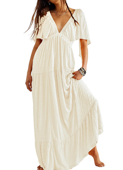 Kikibell Women Summer Dresses Sexy V-Neck Maxi Dress Tiered Silhouette with Flutter Sleeve Backless Elastic Waist Flowy Dress