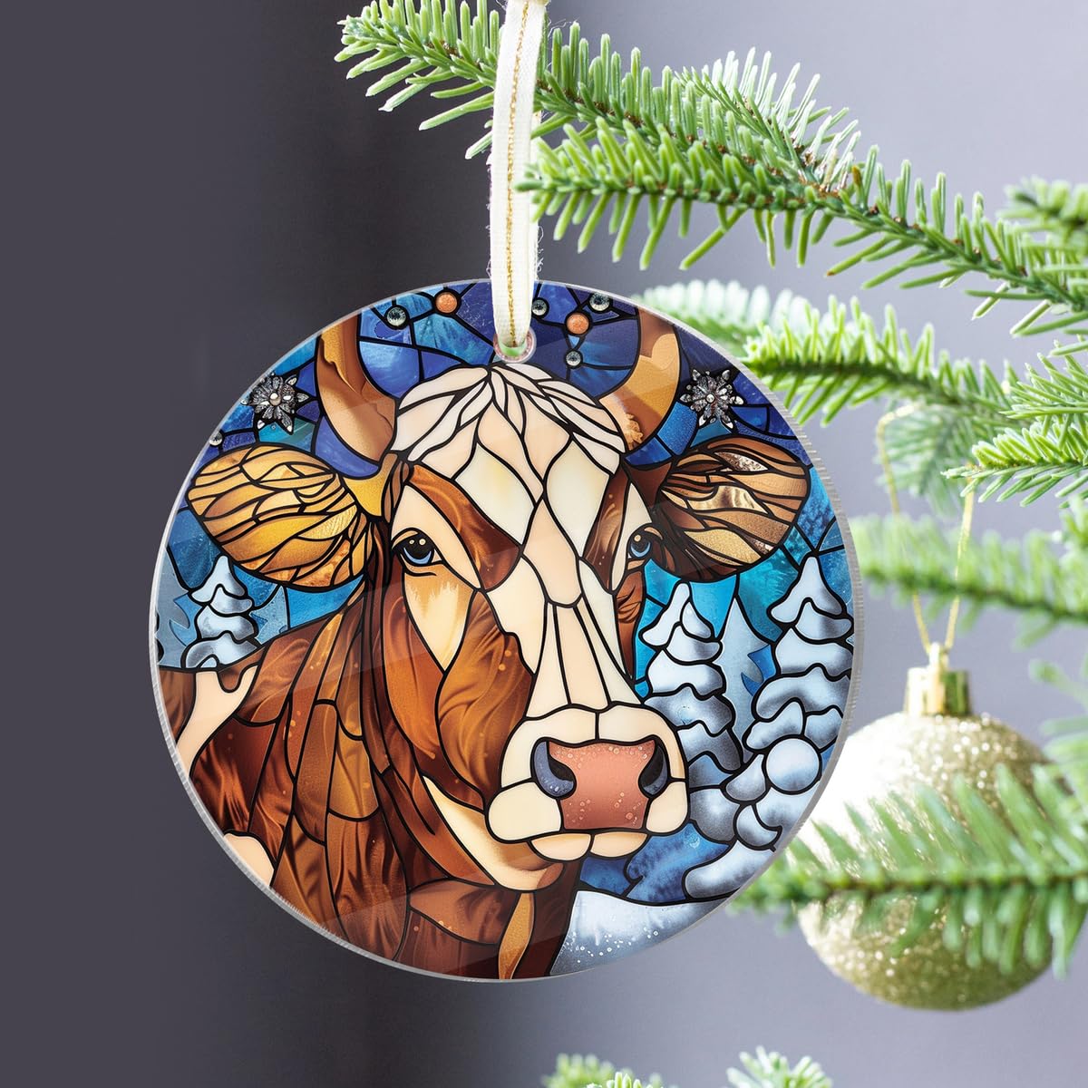 Fastpeace Dairy Cow Christmas Ornament - Stained Glass Style Cow Ornament - Perfect Hanging Decoration for Christmas Tree - Gift for Family, Friends (Cow Acrylic)