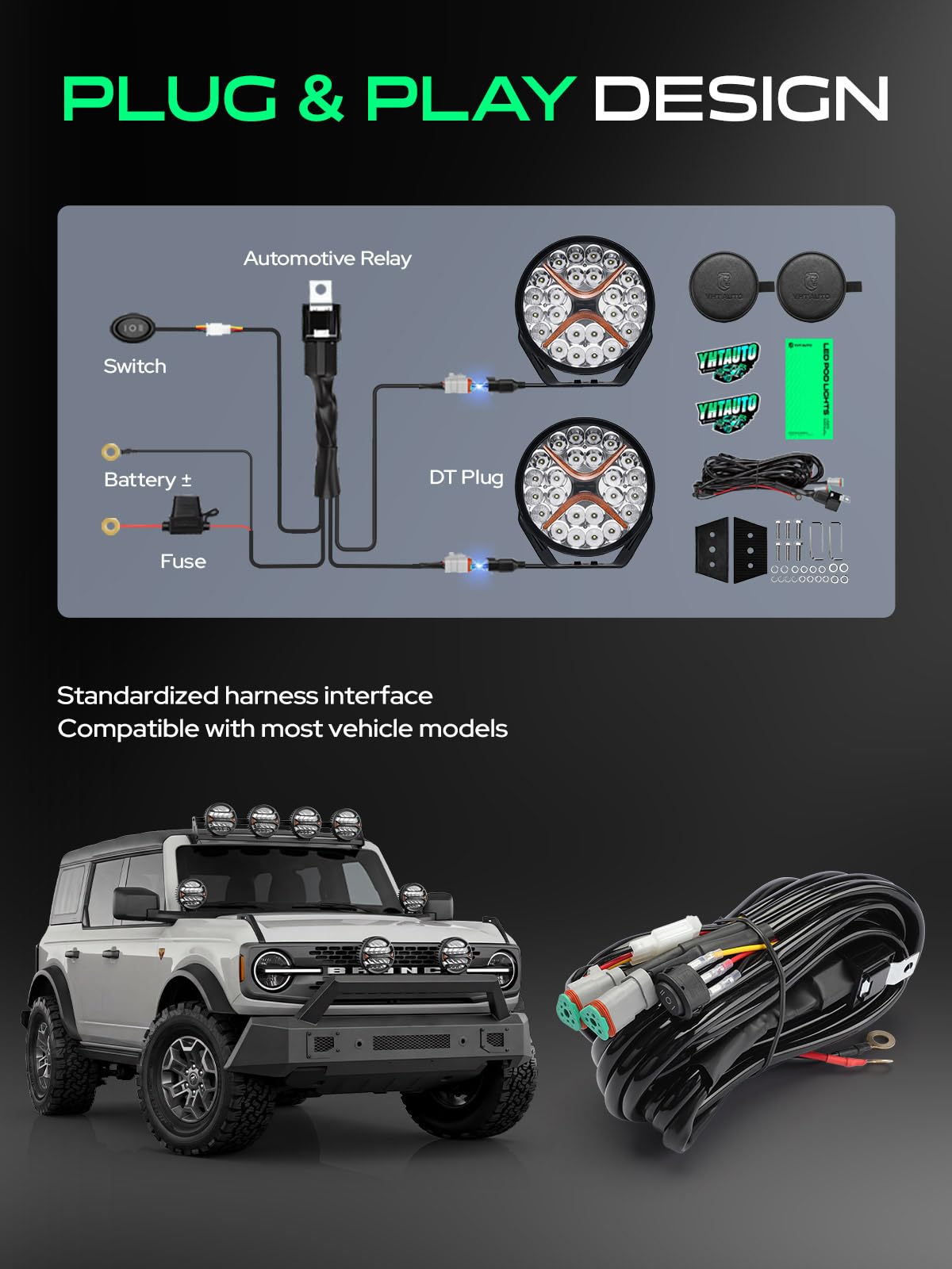 YHTAUTO 9 Inch LED Light Bars w/Wiring Harness Lens Cover, 120W, 14400LM, 5700K, Combo Beam Off Road Camper Pod Fog Light for Truck SUV ATV UTV Golf Cart Tractor 4x4 Van Boat IP67 Waterproof Lamp