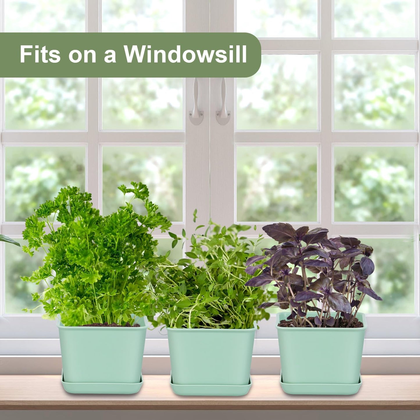 Oliz Herb Garden Planter Indoor Kit Pots for Indoor/Outdoor Plants 4 Packs Windowsill Plant Pots with Drainage and Tray, Window Pot for Indoor Plants (Green)