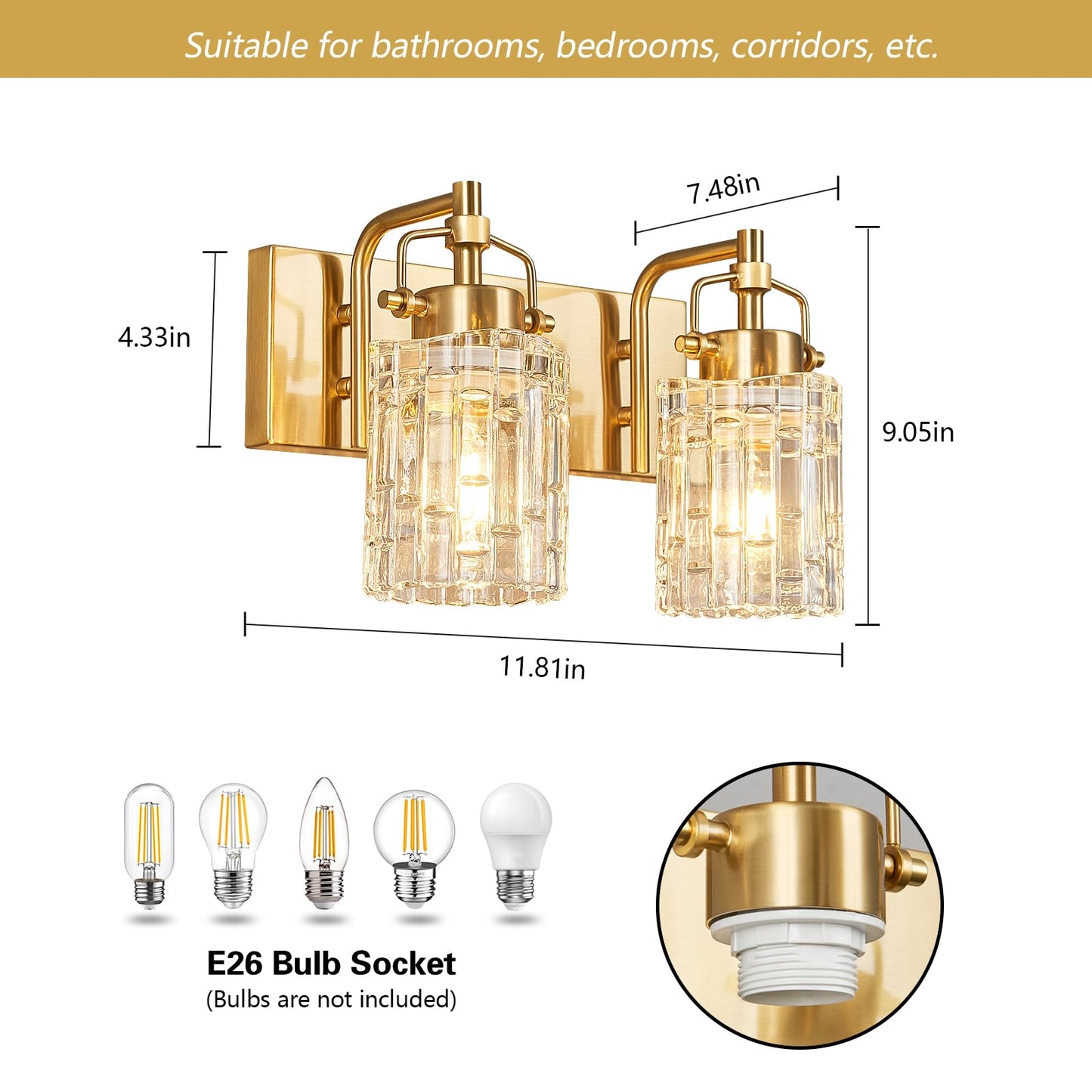BNHHLZ 2 Light Crystal Glass Vanity Light, Gold Bathroom Lighting Fixtures Over Mirror Modern Bath Wall Sconce Lighting for Bedroom Living Room