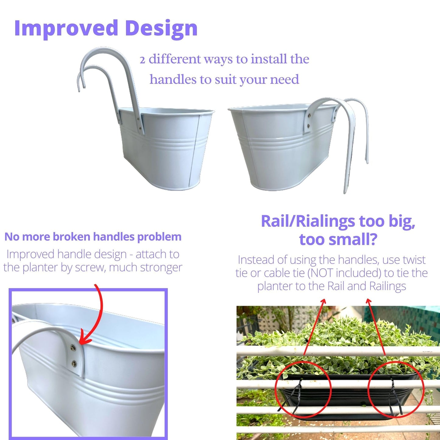 LaLaGreen Rail Planters for Outdoor (6 Pack, 11.2 Inch) White Metal Iron Hanging Flower Pots, Deck Railing Strawberry Planter Fence Bucket Wall Mount Window Box Plant Holder with Hooks Porch Decor