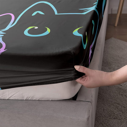 Axolotl Kids Bedding Cute Cat Sheet Set Twin Size, Gradient Line, 4Pcs Kawaii Cat Bed Sets with 1 Fitted Sheet 1 Flat Sheet 2 Pillowcases for Kids Boys Girls Adults Teens, Black