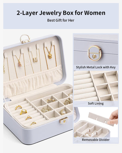 Vlando Jewelry Box Organizer for Girl,Faux Leather Lockable Jewelry Holder Organzier Case Boxes with 2 Layers,Earrings Necklace,Rings Storage,Wedding Warm Gifts Purple