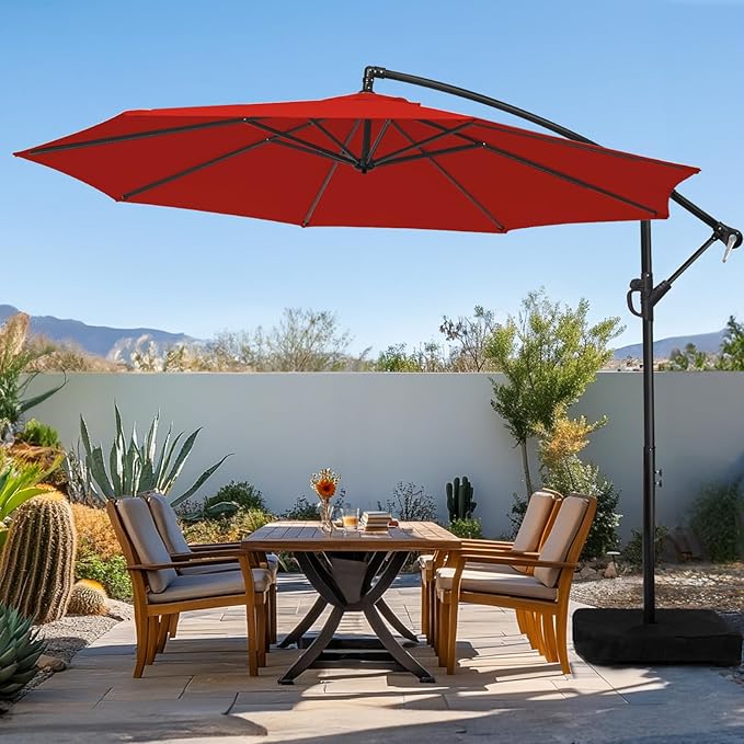 wikiwiki 10ft Patio Umbrella with Base Included, Outdoor Offset Cantilever Umbrella with Sandbag Base for Backyard, Garden and Pool, Easy to Tilt and Crank, Red