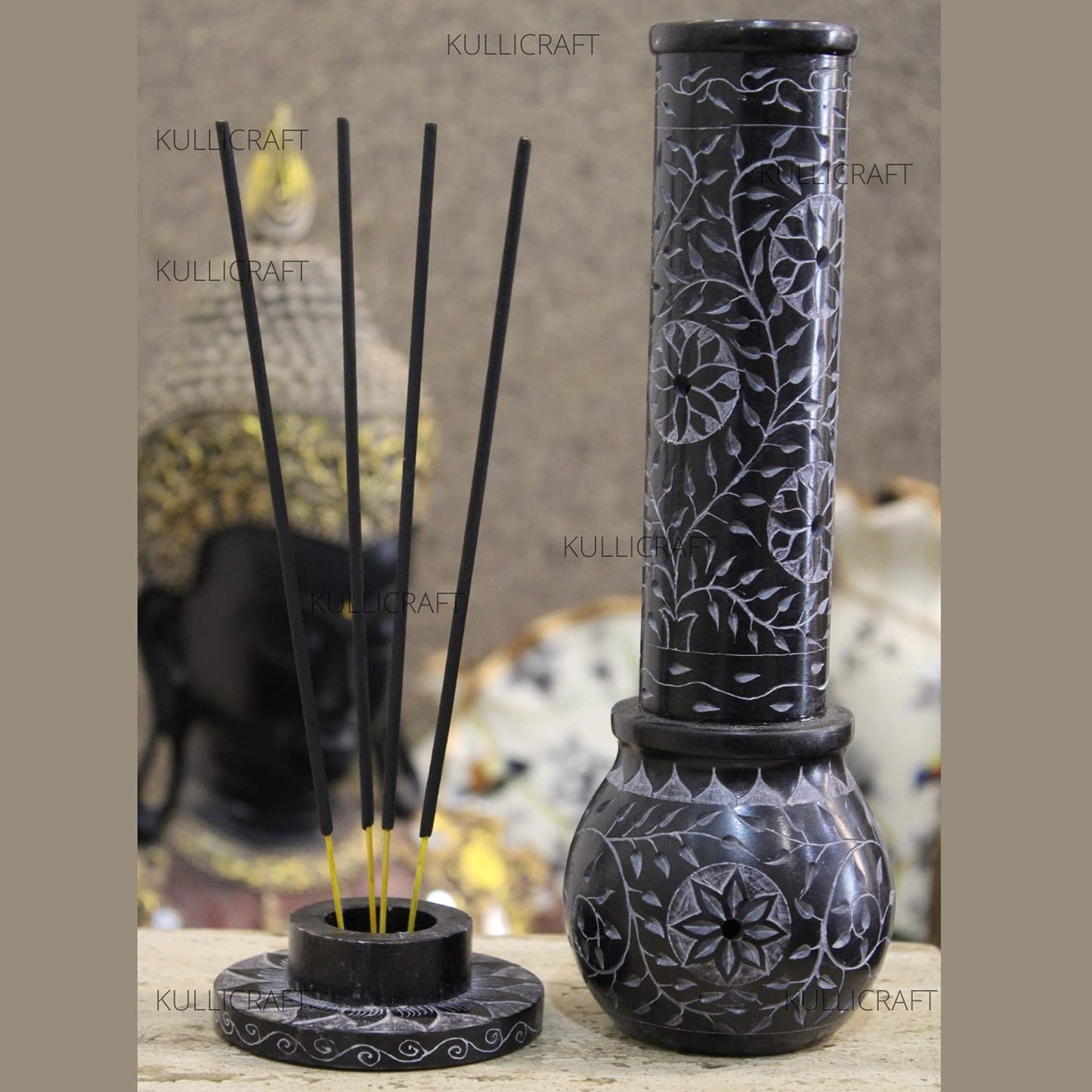 KC KULLICRAFT Marble Soapstone Blue Incense Stick Holder | Candle Burner | Tea Light Holder - Round Incense Holder Decorative Home and Office Decor - (3 x 3 x 10 Inches)