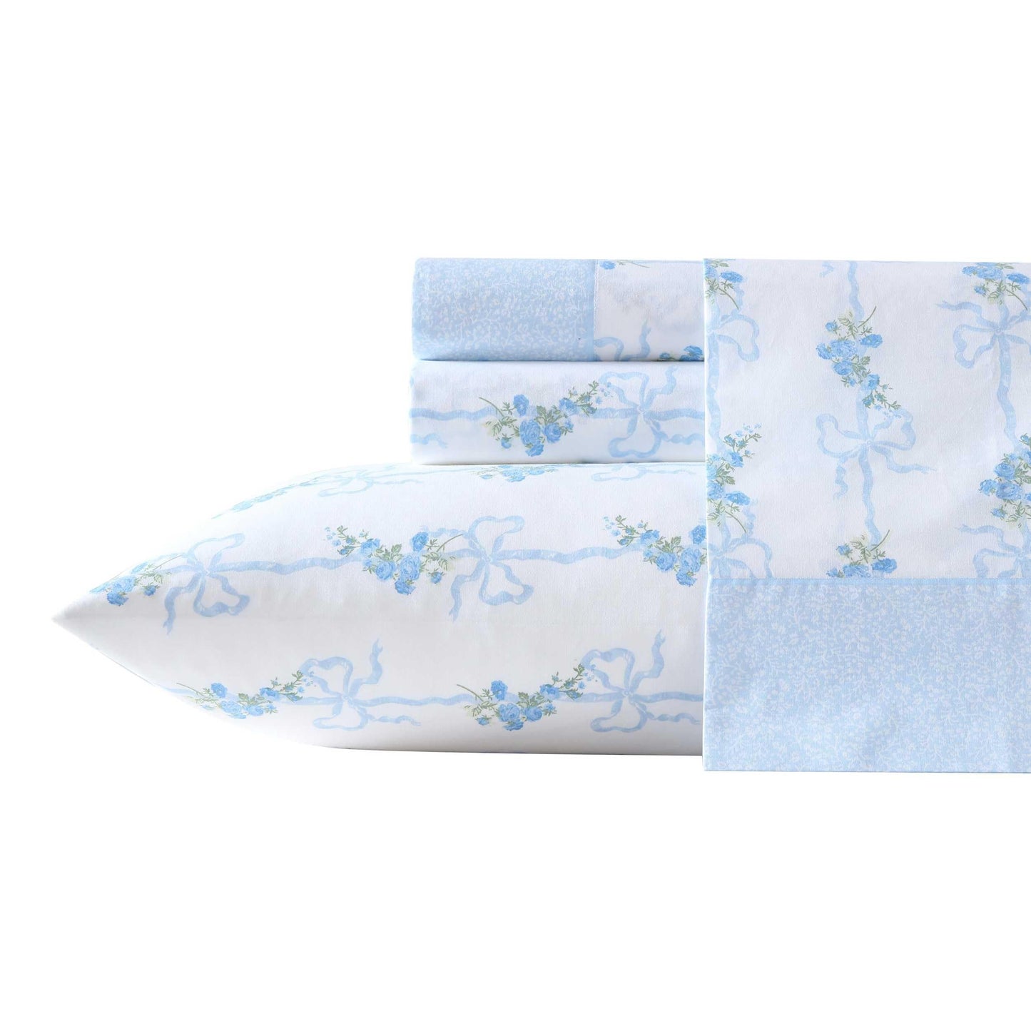 Laura Ashley – Twin Size Sheet Set, Crisp & Lightweight Cotton Percale Bedding with Fitted Sheet and Pillowcase, Floral Room Decor, Deep Pocket, College Dorm Room Essentials (Floral Ribbon Blue)