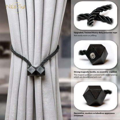 NazTur Magnetic Curtain Tiebacks- Upgrade 2022 with a Thicker Twist Rope & Strong Magnet Tieback Window Treatment Holdbacks Draperies Holders Decorative Drape Handmade Tie Back (Black, 2)