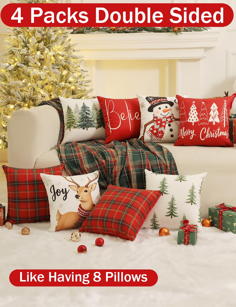TOYPOPOR Christmas Decorations, Double Sided Plaid Throw Pillow Covers 18x18 Inches Set of 4, Christmas Tree, Snowflakes, Merry Christmas, Snowman Reindeer Winter Holiday Pillowcase for Sofa Couch