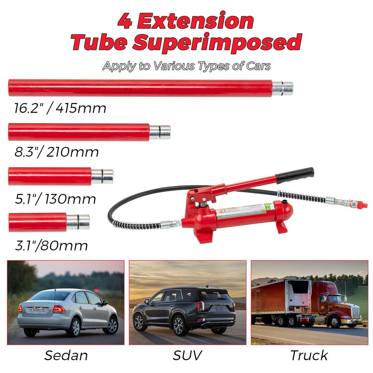 4 Ton Porta Power Hydraulic Jack Kit, 8800 Lbs Capacity Hydraulic Multifunctional Jack with 3.9 ft/1.2 m Oil Hose, Auto Body Frame Repair Kit, Storage Case, for Car Repair, Truck, Garage
