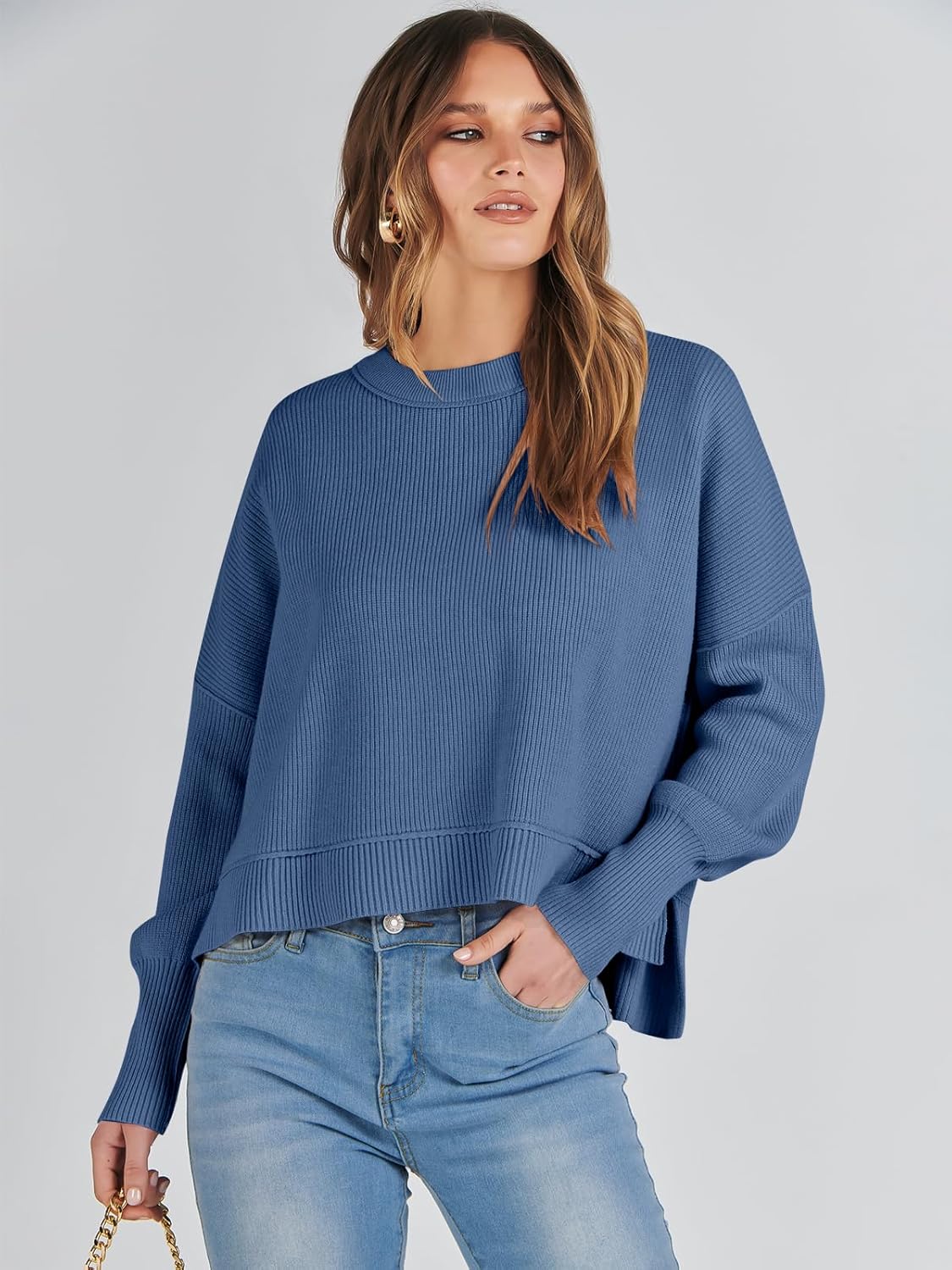 ANRABESS Womens Cropped Sweaters Oversized Crewneck Long Batwing Sleeve Side Slit Ribbed Knit Pullover Tops 2025 Fall Clothes